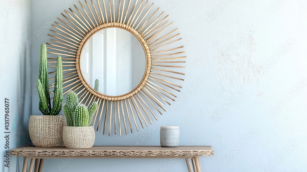 Obraz premium Sunburst Mirror with Cactus Plants and Candle on Console Table - Modern Home Decor