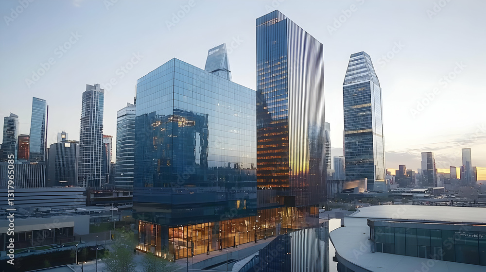 Obraz premium Modern Cityscape With Glass Buildings Under Cloudy Sunset Sky Emphasizing Reflection And Geometric Architecture