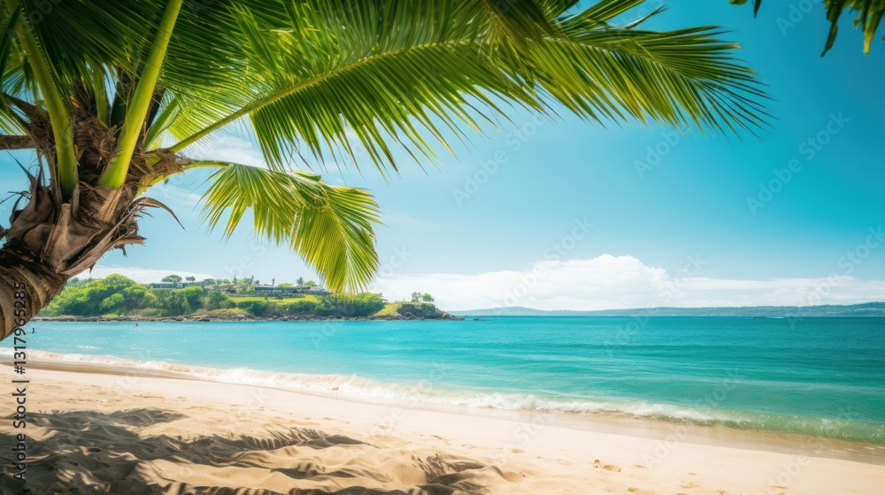 Tropical beach paradise with palm tree and turquoise ocean waterscape Tropical beach paradise with palm tree and turquoise ocean waterscape