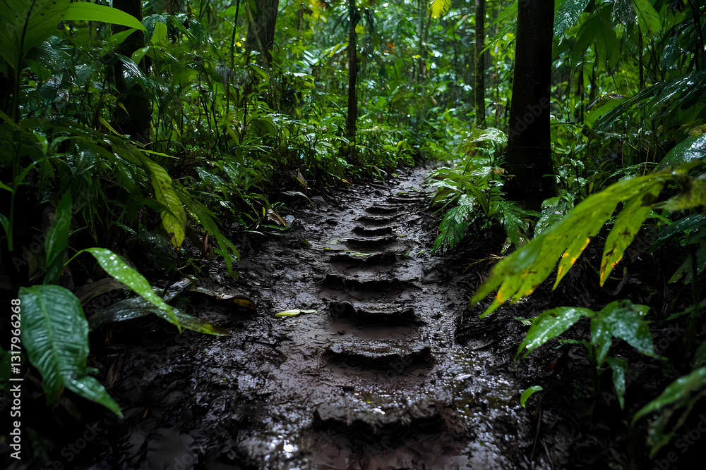 Fototapeta premium A series of footprints on a winding dirt path evoke mystery and adventurous natural journeys