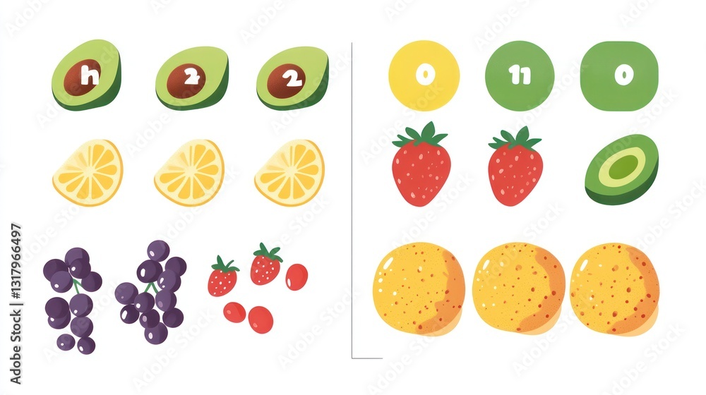 Colorful fruit and number slices; healthy eating; educational chart Colorful fruit and number slices; healthy eating; educational chart