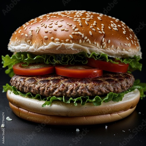 Hamburger A basic beef patty with no cheese food portrait photography display on red background