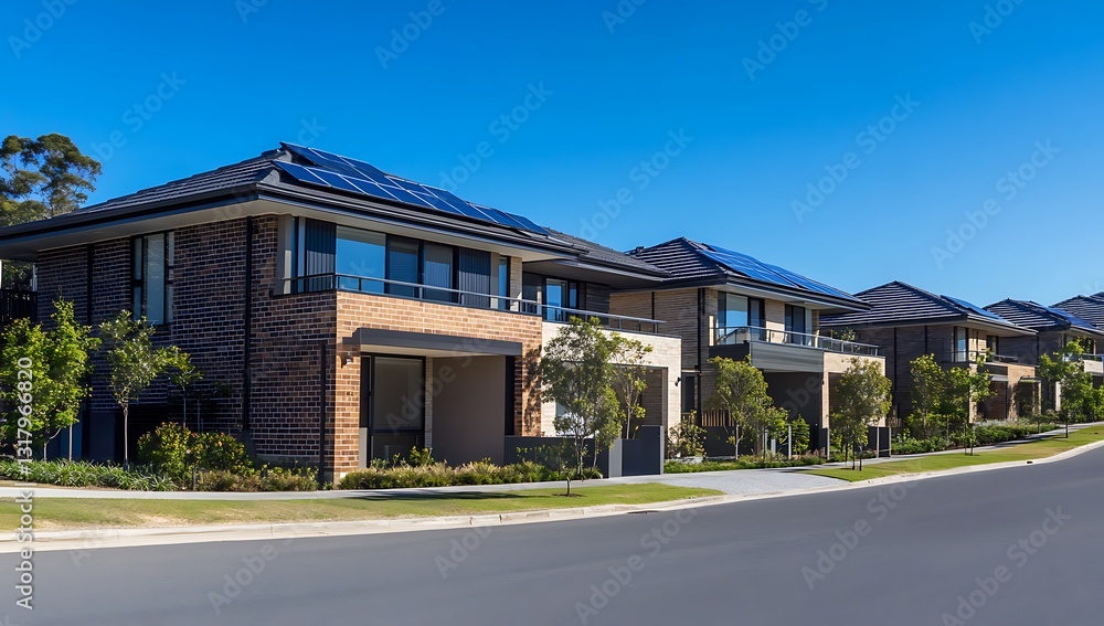 A row of modern, energy-efficient houses with solar panels on the roof A row of modern, energy-efficient houses with solar panels on the roof