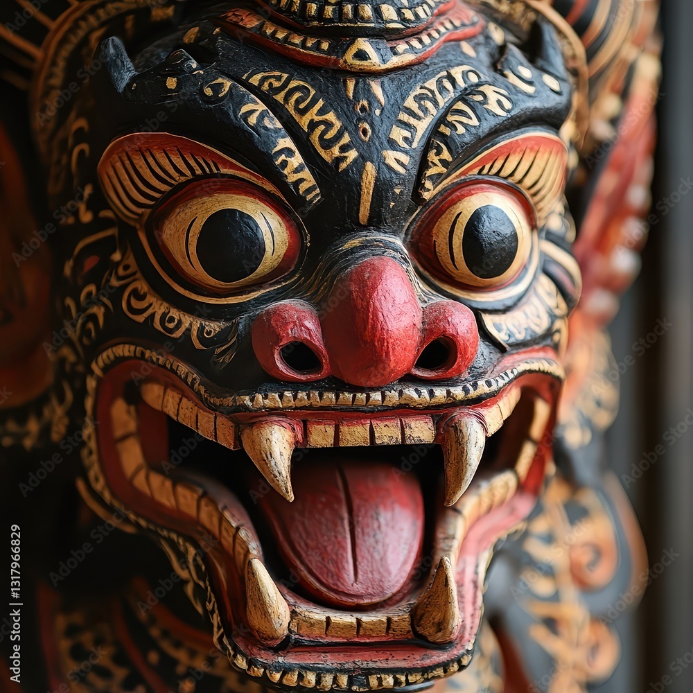 Intricate Wooden Carving of Mythical Creature with Vibrant Colors Intricate Wooden Carving of Mythical Creature with Vibrant Colors