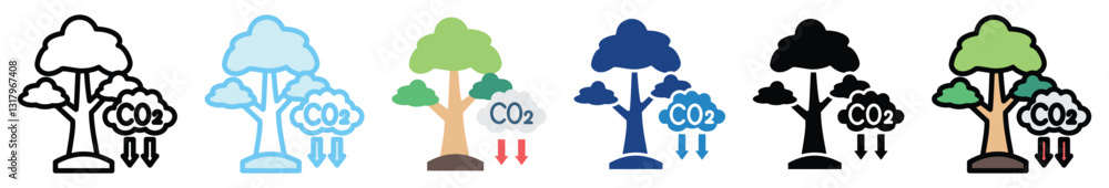 Carbon Offset multi style, mini illustration icon set. outline, flat, glyph, line color, UI, UX, app and web, digital or print. related to ecology and environment. Carbon Offset multi style, mini illustration icon set. outline, flat, glyph, line color, UI, UX, app and web, digital or print. related to ecology and environment.