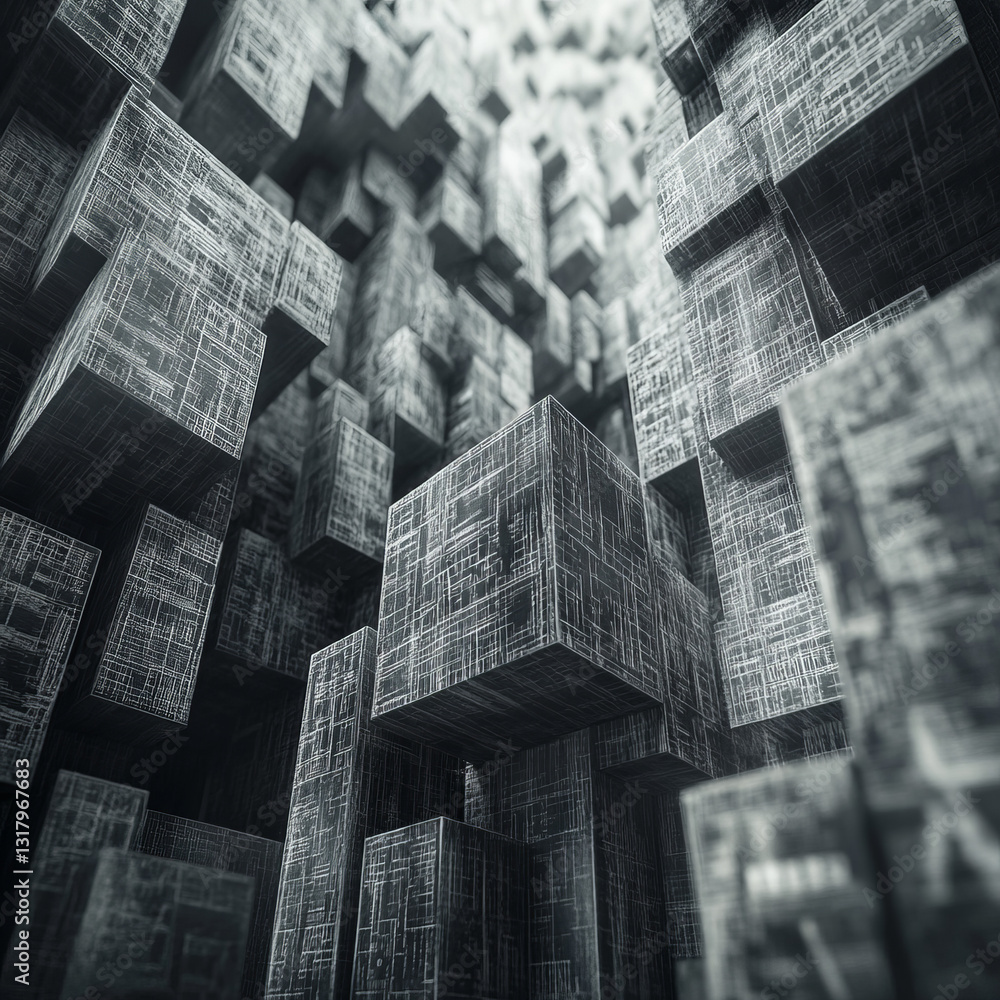 Monolithic Tower of Dark Cubes with Etched Lines in a Futuristic Setting