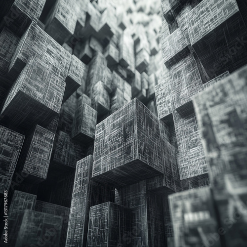 Monolithic Tower of Dark Cubes with Etched Lines in a Futuristic Setting