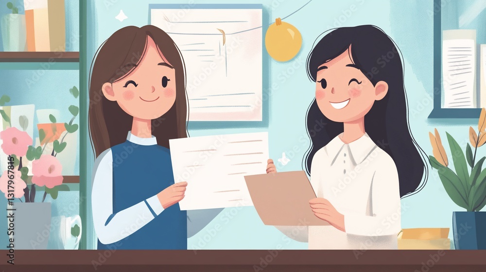 Fototapeta premium Two Smiling Women Exchanging Documents in a Bright Office Setting