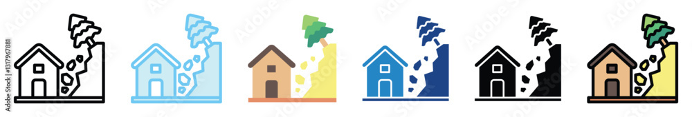 Landslide multi style, mini illustration icon set. outline, flat, glyph, line color, UI, UX, app and web, digital or print. related to ecology and environment. Landslide multi style, mini illustration icon set. outline, flat, glyph, line color, UI, UX, app and web, digital or print. related to ecology and environment.