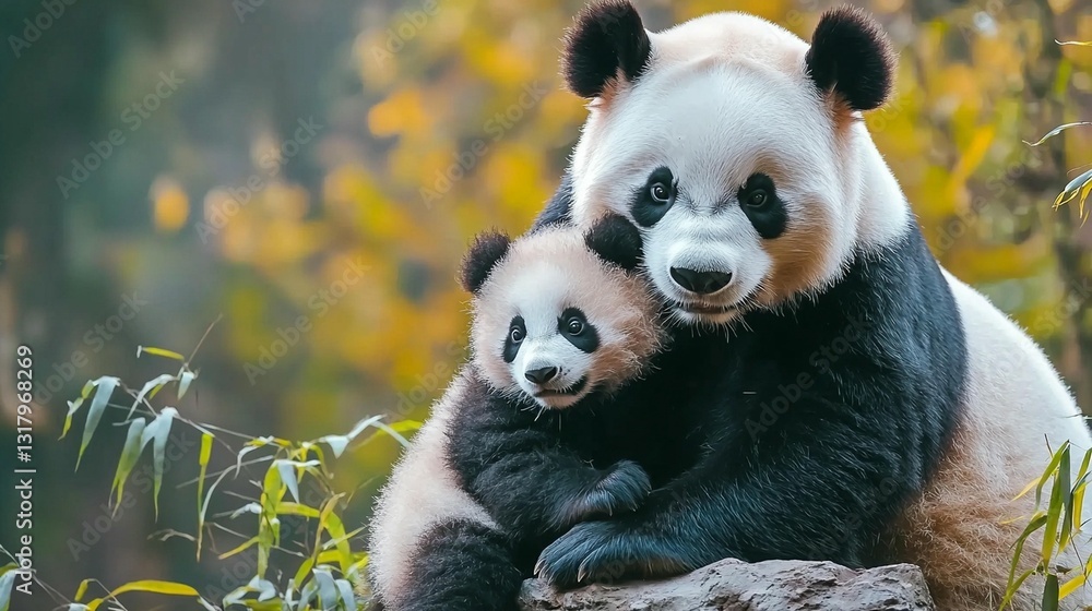 Naklejka premium Panda Mother and Cub in Forest
