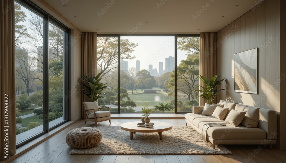 Fototapeta premium Modern living room with large windows and city skyline view