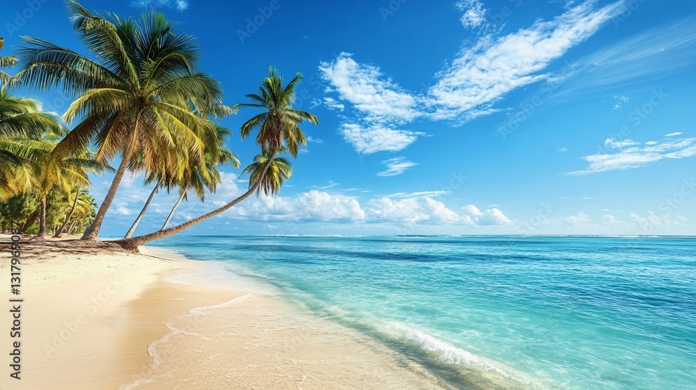 Idyllic Tropical Beach Scene: Palm Trees, Azure Ocean, and Pristine White Sand Under a Sunny Sky Idyllic Tropical Beach Scene: Palm Trees, Azure Ocean, and Pristine White Sand Under a Sunny Sky