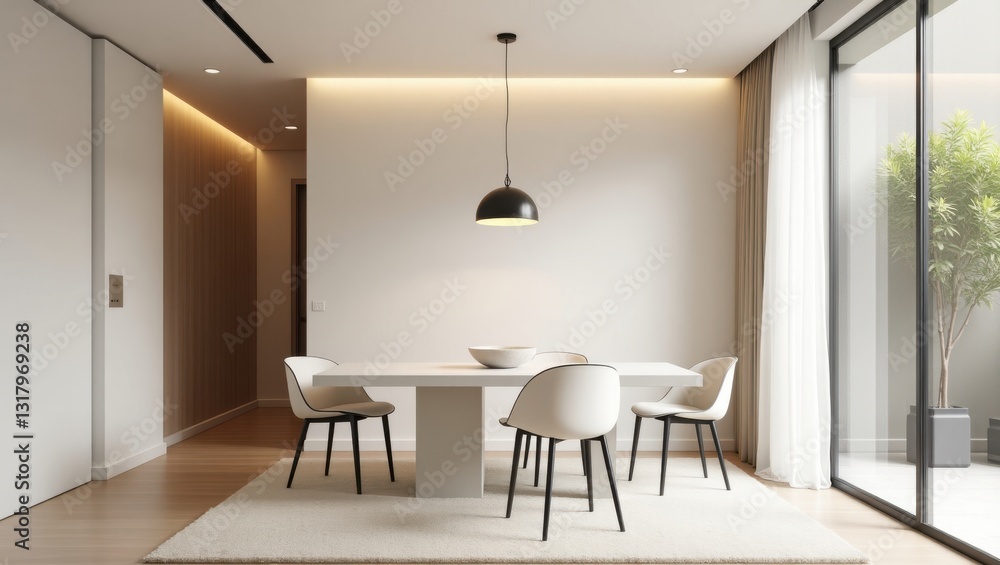 Fototapeta premium Serene dining room interior with minimalist decor and natural light, creating an inviting and calming atmosphere for meals and gatherings