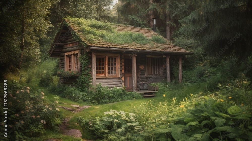Mossy Cabin for Forest Retreat, Misty Morning. Mossy Cabin for Forest Retreat, Misty Morning.