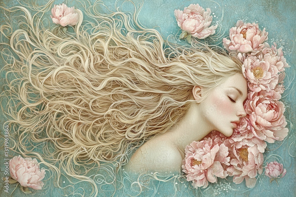 Fototapeta premium Dreamy illustration of a peaceful woman with flowing blonde hair surrounded by pink flowers and a soft pastel background