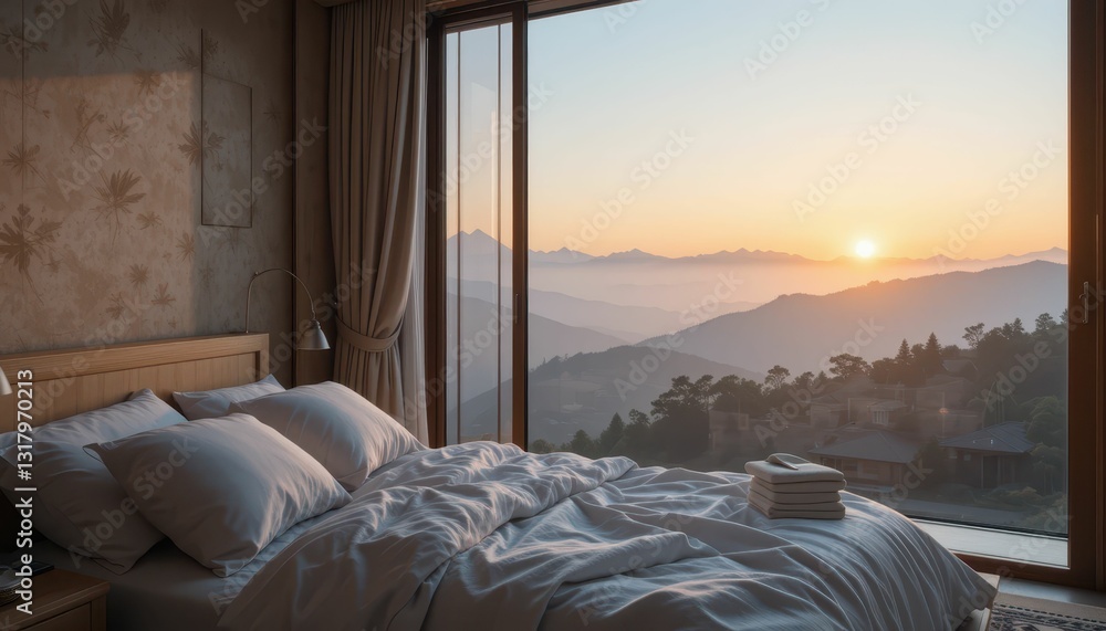 Serene Bedroom with Mountain View at Sunrise in Tranquil Setting Serene Bedroom with Mountain View at Sunrise in Tranquil Setting