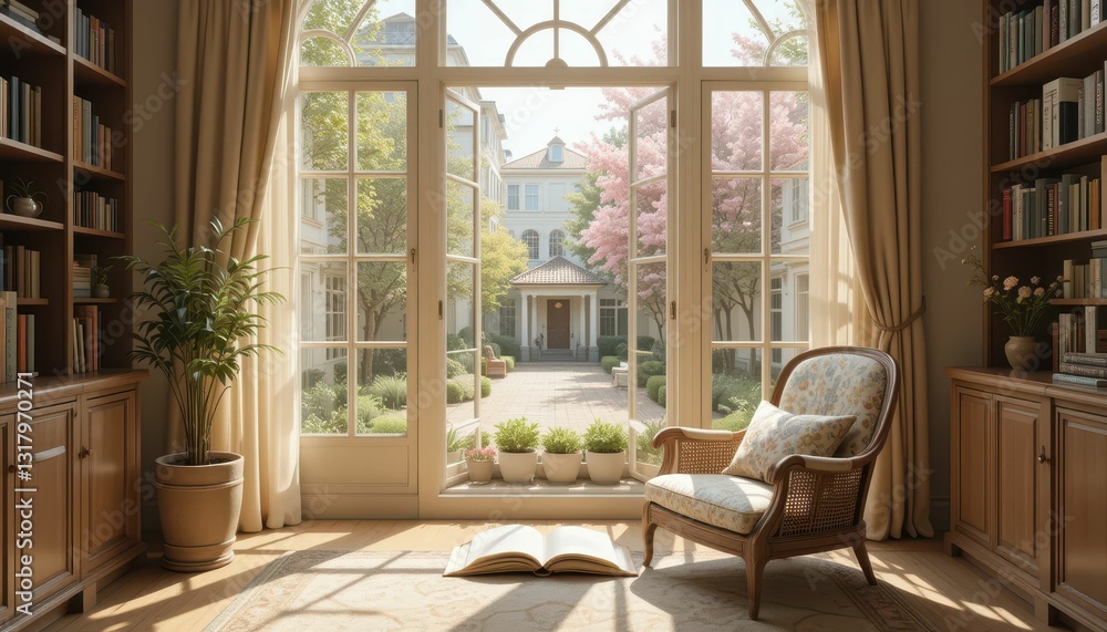 Cozy Reading Nook with Large Windows Overlooking Garden Courtyard Cozy Reading Nook with Large Windows Overlooking Garden Courtyard