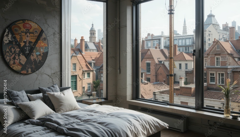Cozy Modern Bedroom with Scenic City View and Large Windows