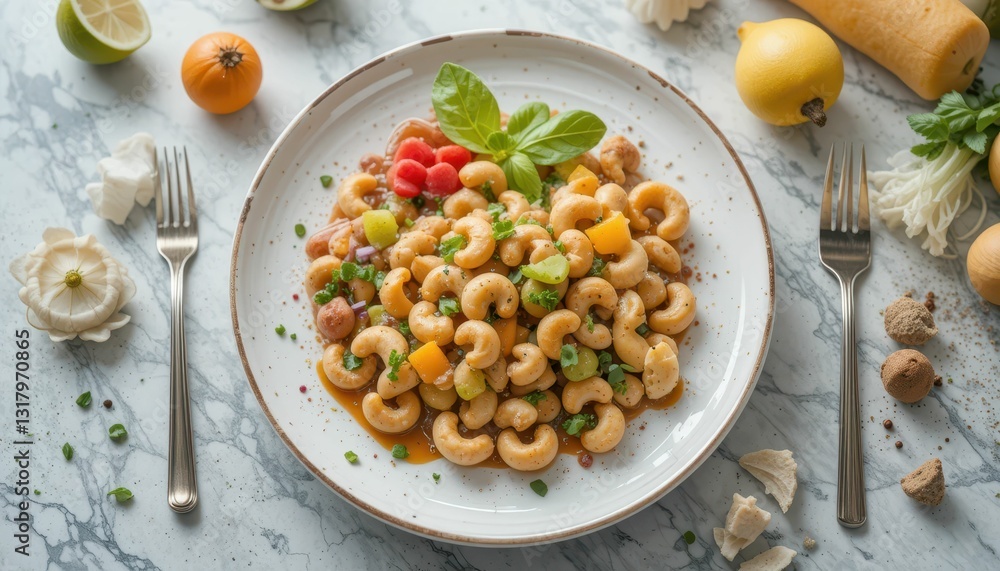Colorful Pasta Dish with Fresh Vegetables and Herbs on Plate Colorful Pasta Dish with Fresh Vegetables and Herbs on Plate