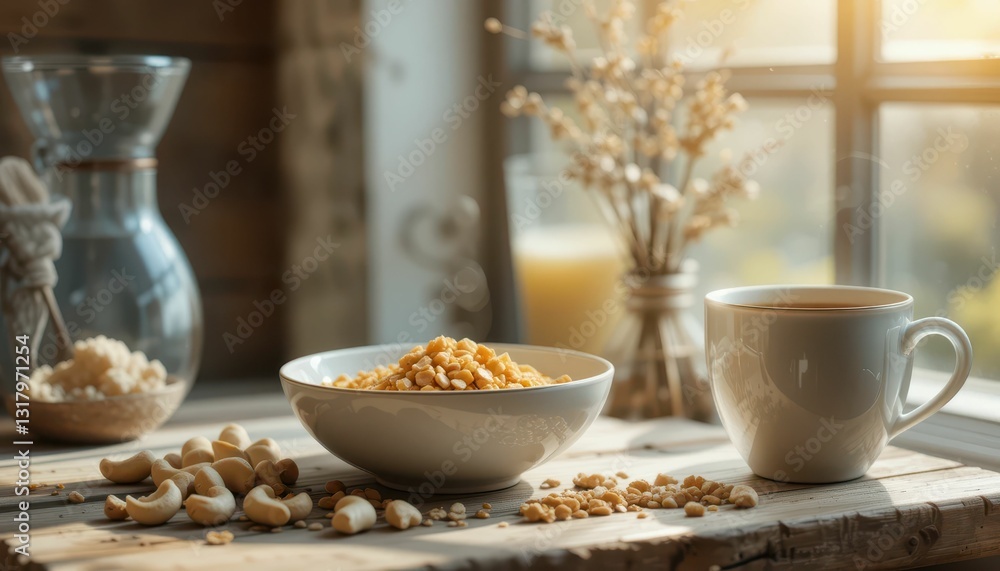 Cozy Morning Scene with Bowl of Breakfast and Hot Cup of Coffee Cozy Morning Scene with Bowl of Breakfast and Hot Cup of Coffee