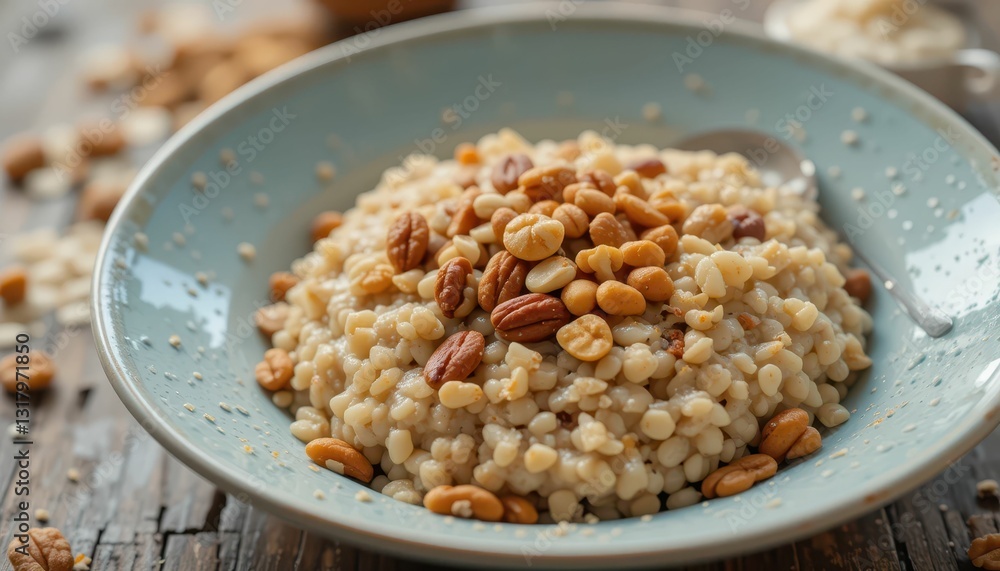 Savory Bowl of Cooked Grains Topped with Mixed Nuts and Seeds Savory Bowl of Cooked Grains Topped with Mixed Nuts and Seeds