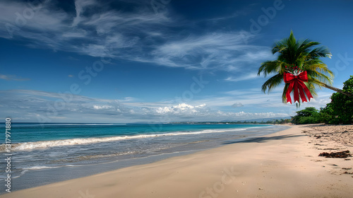 Wallpaper Mural Tropical Christmas Beach Palm Tree With Red Bow On A Sandy Beach Under A Blue Sky With Clouds Torontodigital.ca