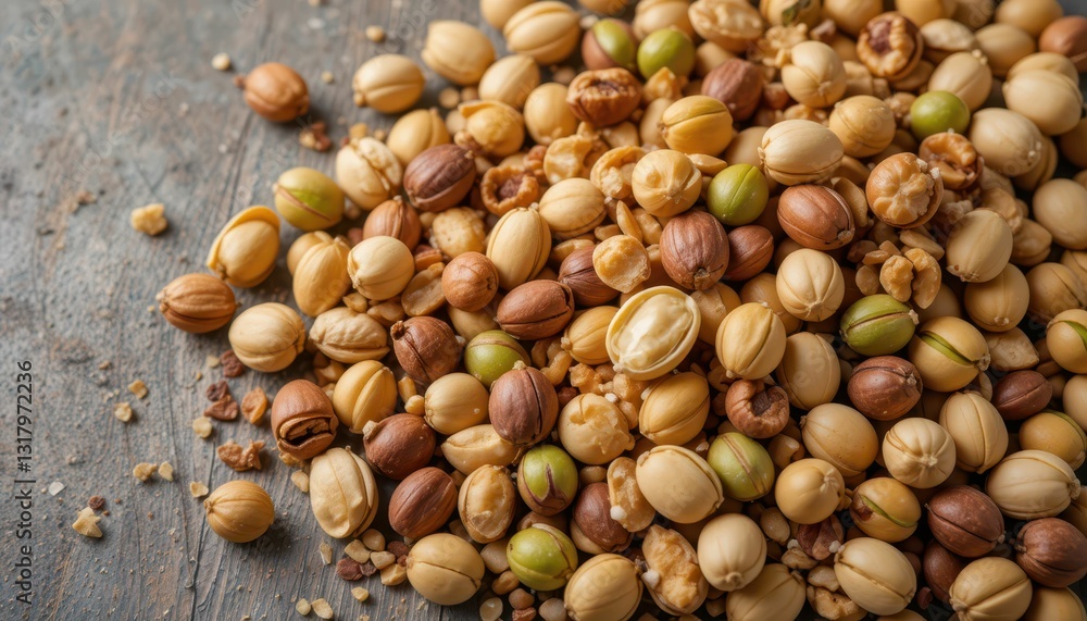 Colorful Variety of Nuts and Seeds on Rustic Wooden Surface Colorful Variety of Nuts and Seeds on Rustic Wooden Surface