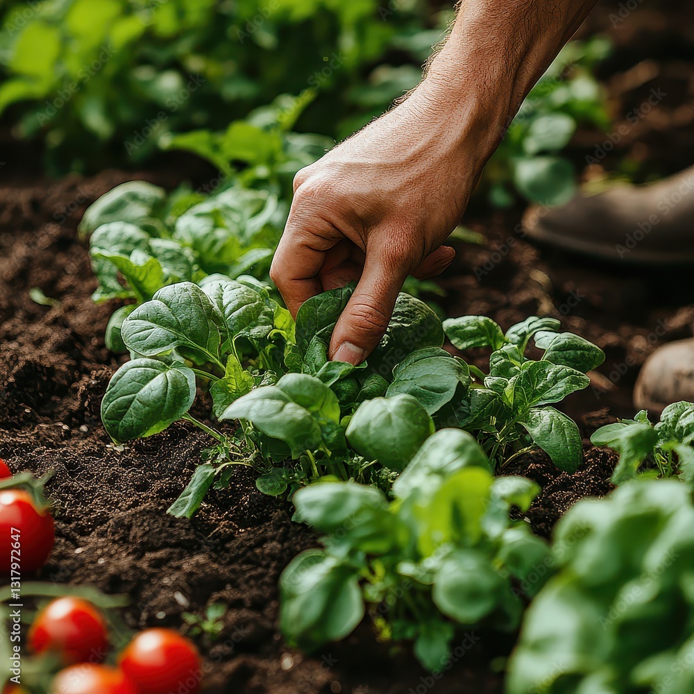 Hand Tending to Fresh Green Plants in a Lush Vegetable Garden Hand Tending to Fresh Green Plants in a Lush Vegetable Garden