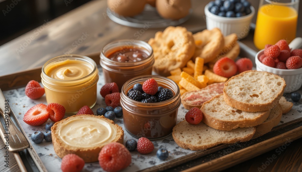 Delicious Breakfast Spread with Jars of Spreads and Fresh Berries Delicious Breakfast Spread with Jars of Spreads and Fresh Berries