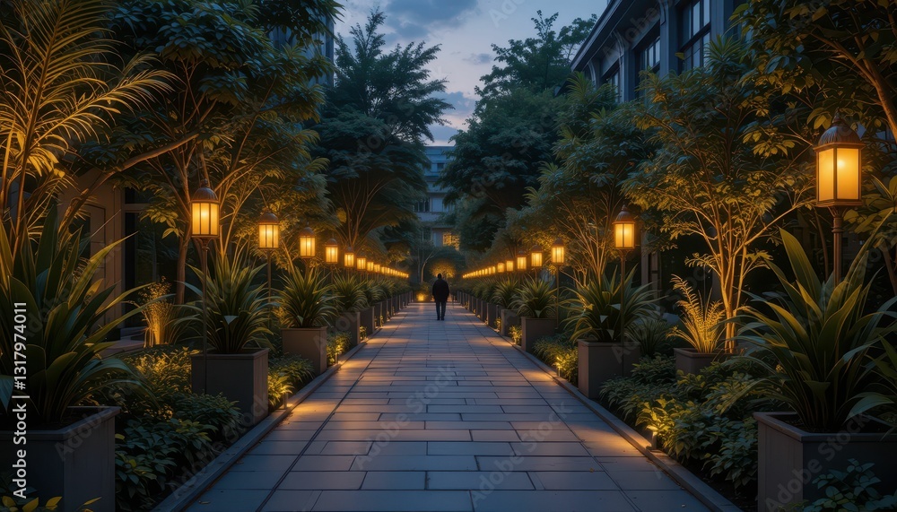 Obraz premium Serene Nighttime Pathway with Lanterns and Lush Greenery