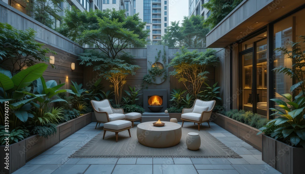 Cozy Urban Oasis with Modern Seating Surrounded by Lush Greenery Cozy Urban Oasis with Modern Seating Surrounded by Lush Greenery