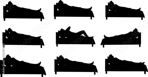 Set of man on bed silhouette vector
