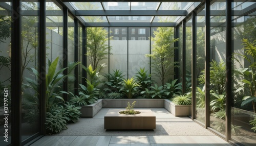Modern Indoor Garden with Lush Greenery and Glass Walls