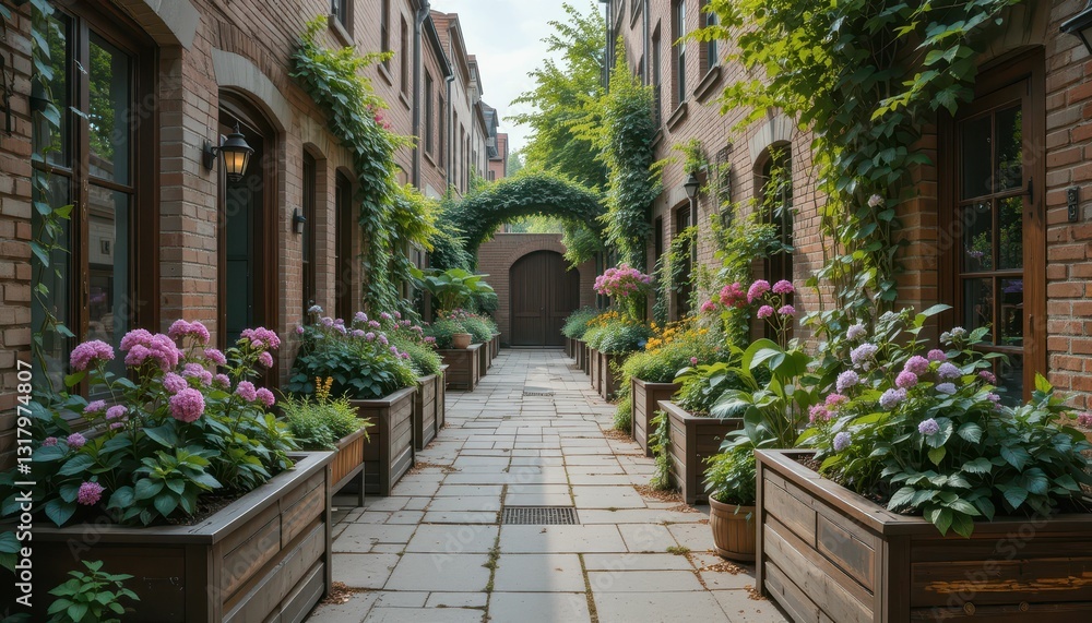 Fototapeta premium Beautiful Garden Pathway Surrounded by Charming Brick Buildings