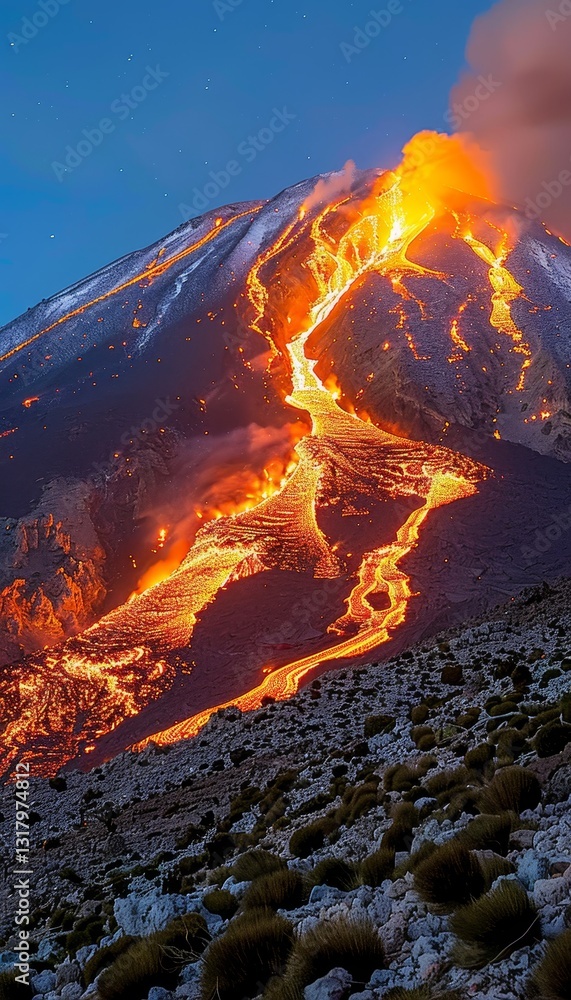 Fototapeta premium Spectacular volcanic eruption lava cascading down the mountainside in a fiery display