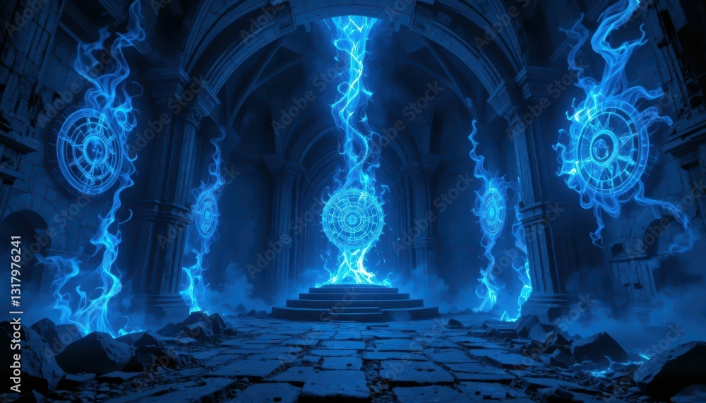 Obraz premium Mysterious Fantasy Temple with Glowing Blue Energy and Symbols