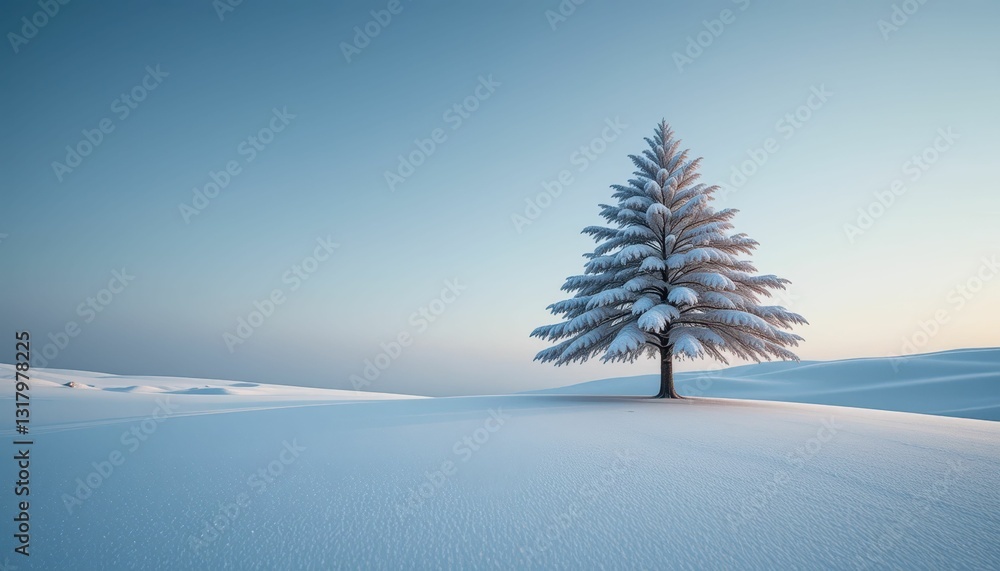 Serene Winter Landscape with Snow-Covered Pine Tree at Dusk Serene Winter Landscape with Snow-Covered Pine Tree at Dusk