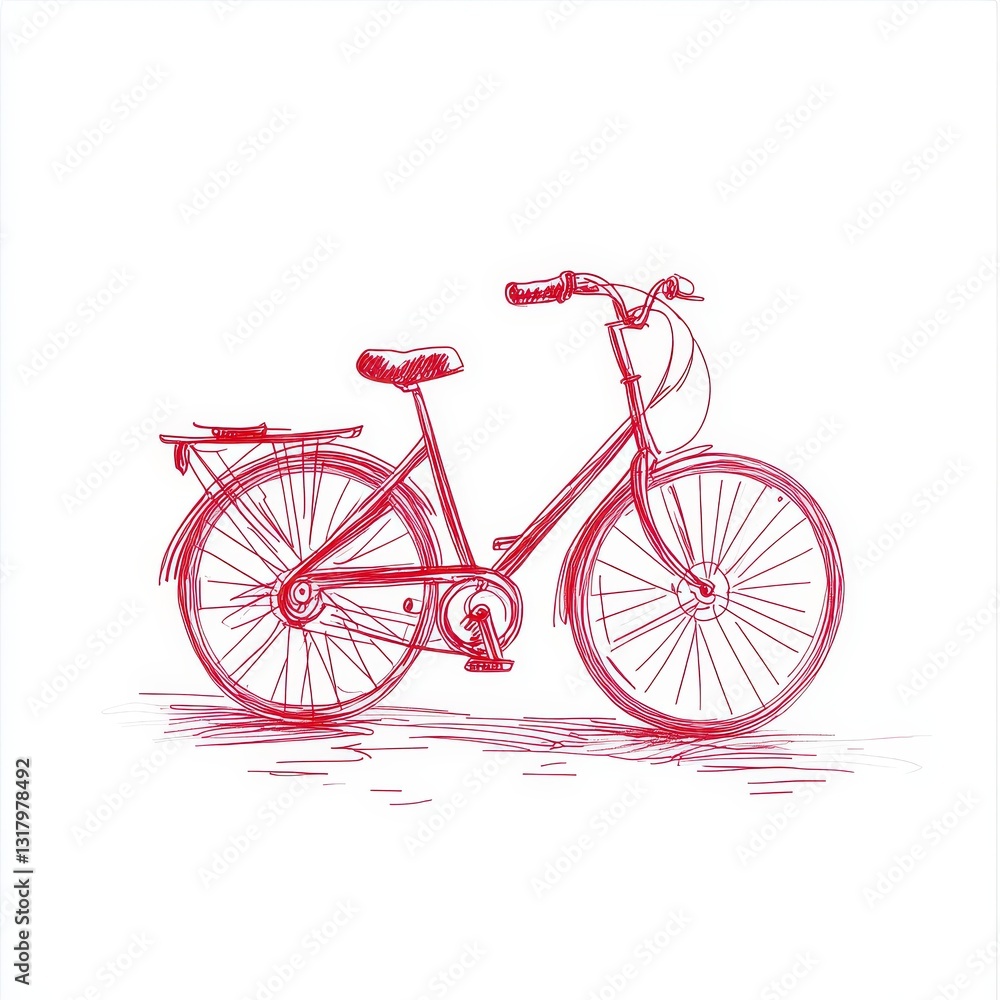 Red Bicycle Line Drawing Illustration on White Background Red Bicycle Line Drawing Illustration on White Background
