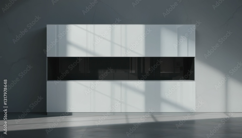 Modern Minimalist White Cabinet with Sleek Black Inset Design Modern Minimalist White Cabinet with Sleek Black Inset Design