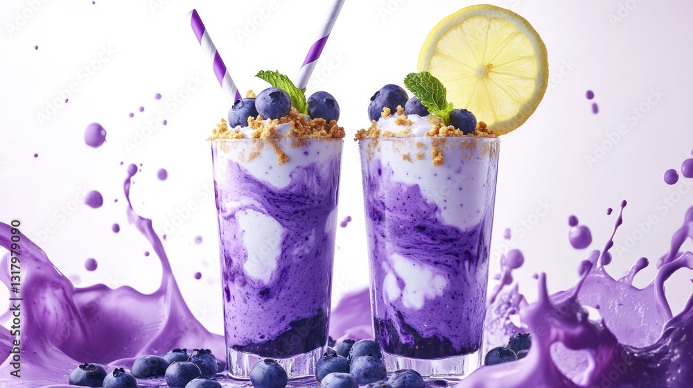 Two blueberry lemon smoothies, studio shot, splash Two blueberry lemon smoothies, studio shot, splash