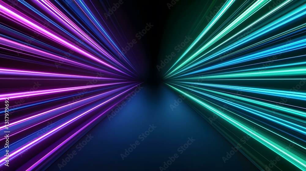 Fototapeta premium The image contains vibrant, neon-colored lines converging from opposite sides towards a central vanishing point, creating a dynamic and futuristic effect.
