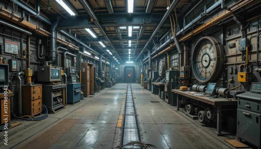 Dark Industrial Corridor with Machinery in Factory Setting Dark Industrial Corridor with Machinery in Factory Setting