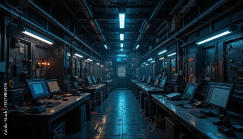 Wallpaper Mural Dark Industrial Room with Multiple Computer Workstations and Lights Torontodigital.ca