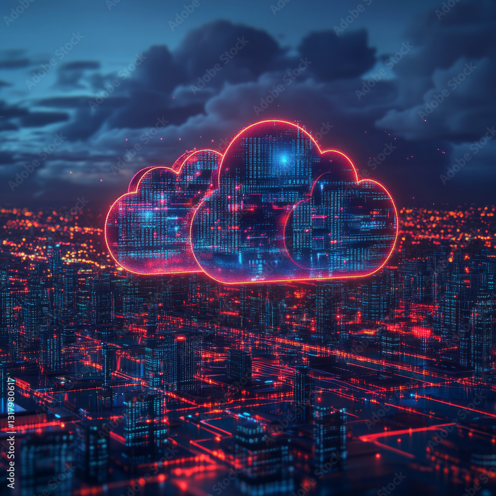 Glowing Binary Cloud Symbol Hovering Over a Futuristic City at Night