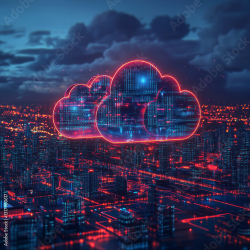 Obraz na płótnie Glowing Binary Cloud Symbol Hovering Over a Futuristic City at Night w salonie