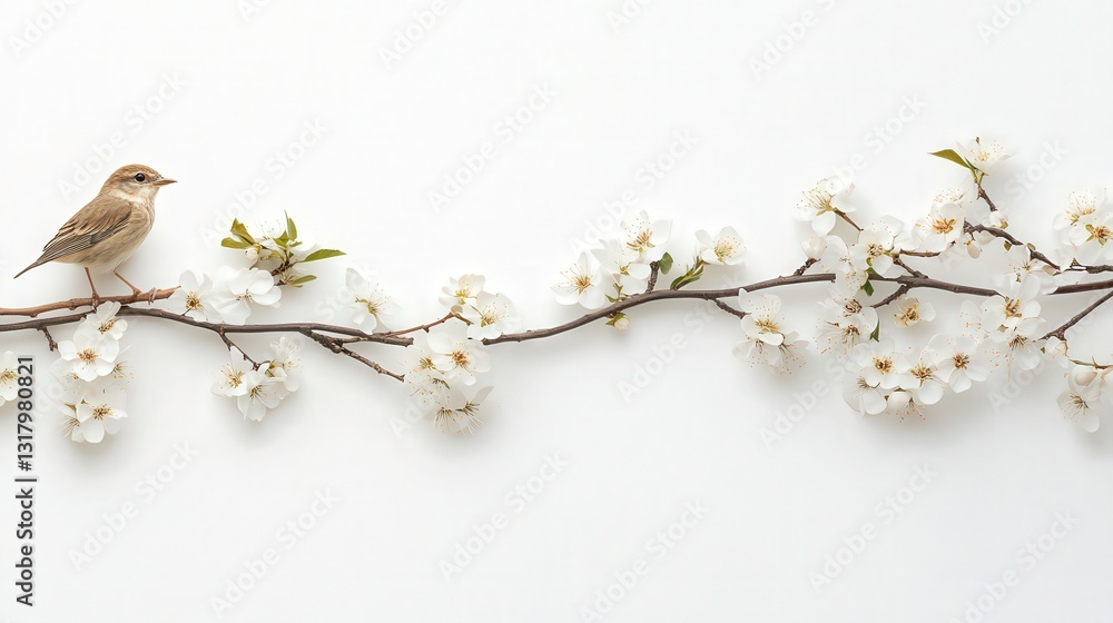 Bird Perched on Blossoming Branch Against White Background Bird Perched on Blossoming Branch Against White Background