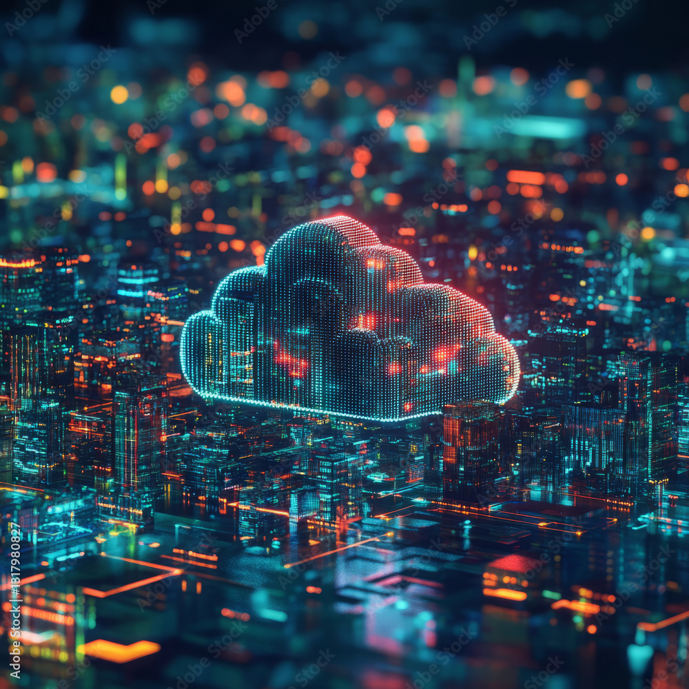 Glowing Cloud Network Above a Futuristic City With Digital Nodes