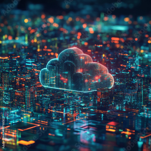 Glowing Cloud Network Above a Futuristic City With Digital Nodes