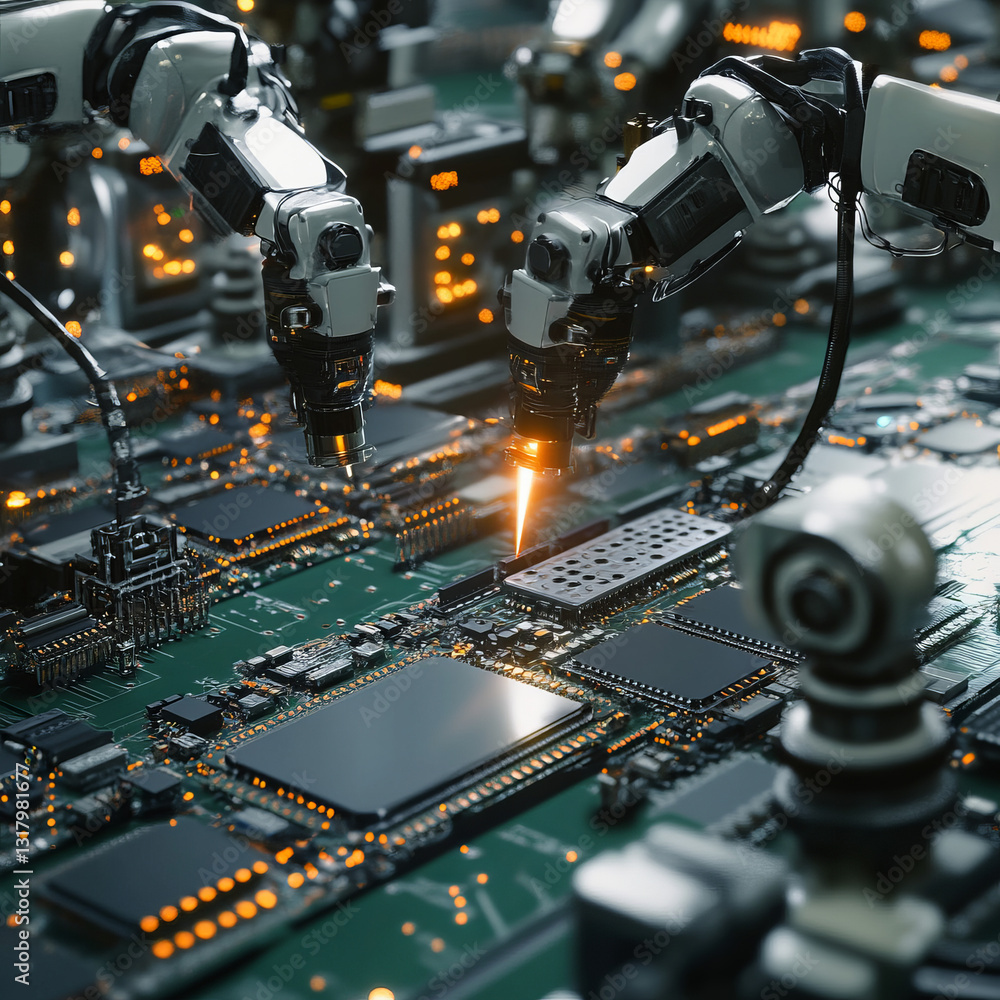 Robotic Arms Assembling a Circuit Board in a High-Tech Industrial Facility