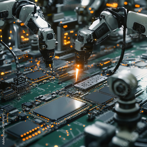 Robotic Arms Assembling a Circuit Board in a High-Tech Industrial Facility